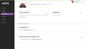 Educator profile page scrolled down to the Permissions section. This person has a Work-based learning role of WBL Administrator
